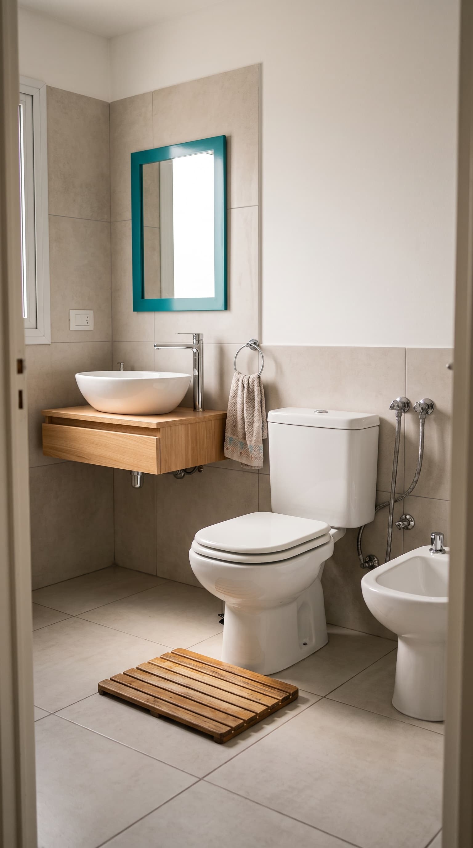 Baño moderno con inodoro, bidet, bacha con grifería cromada y espejo de marco verde, productos del catálogo