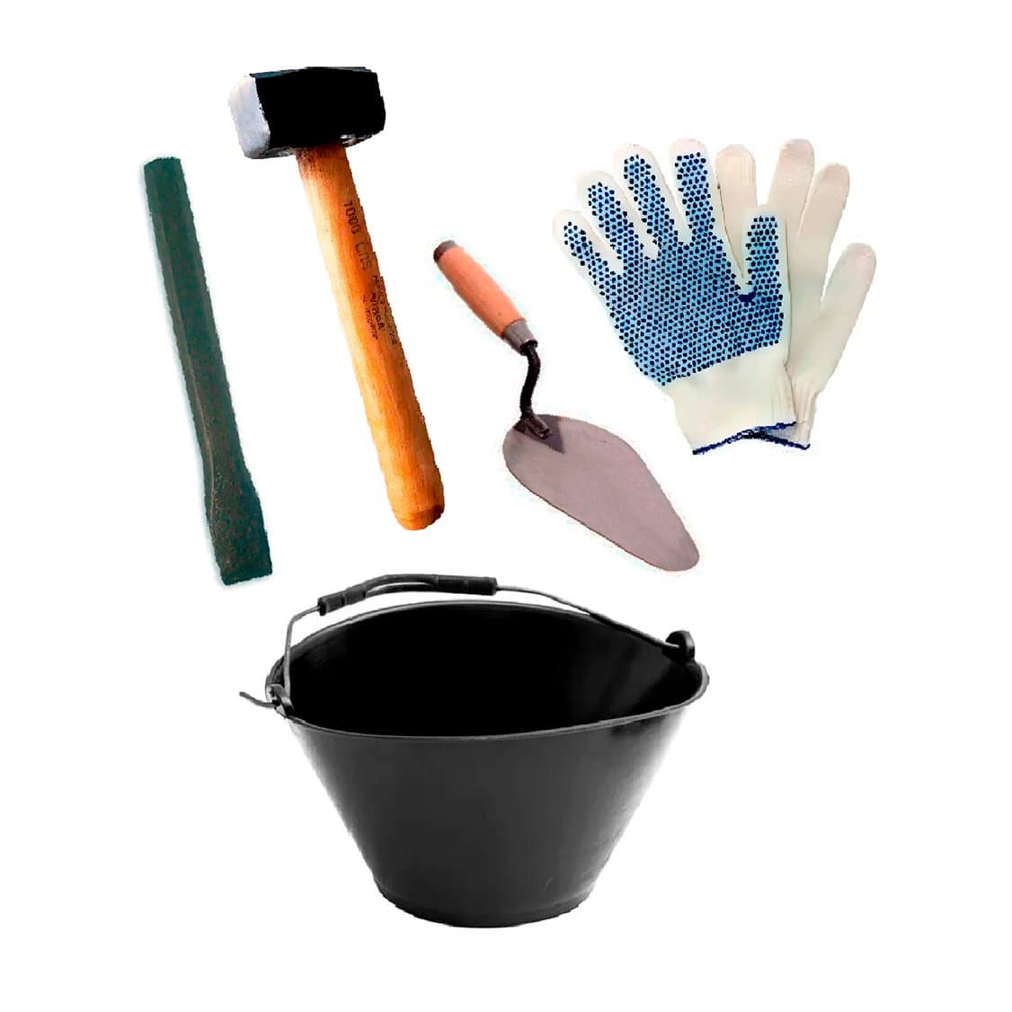 Combo Kit Albañil Maza Cuchara Balde Cortafierro Guantes