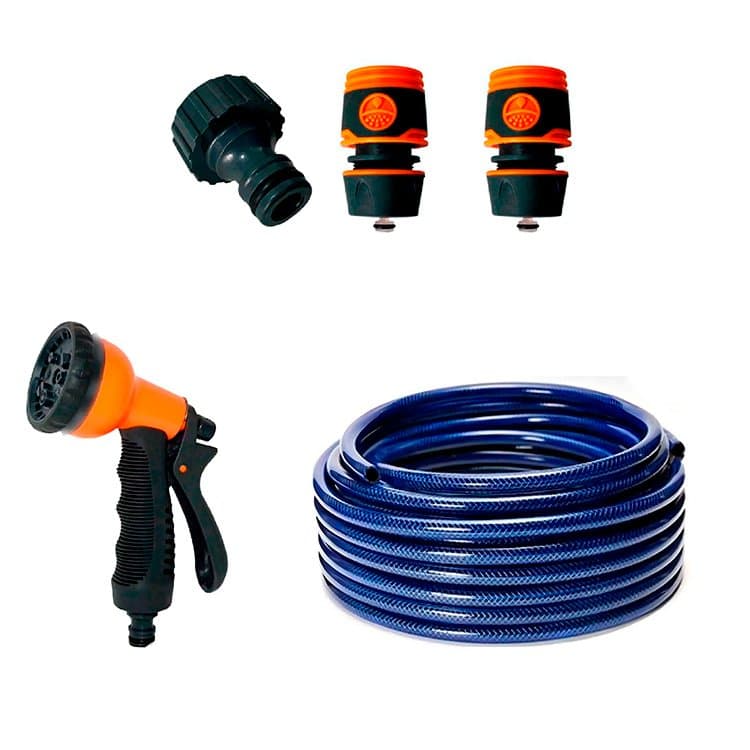 Combo Riego Manguera Trenzada 15m + Pistola 8 Pos + Acoples