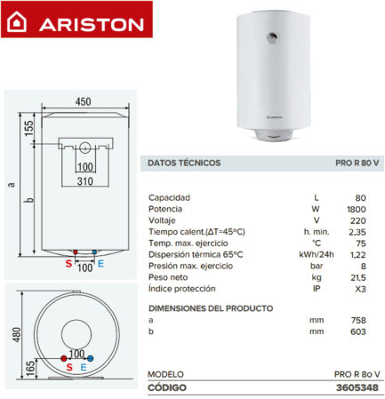 TERMOTANQUE ELECTRICO ARISTON PRO R 80 LITROS - Imagen 6