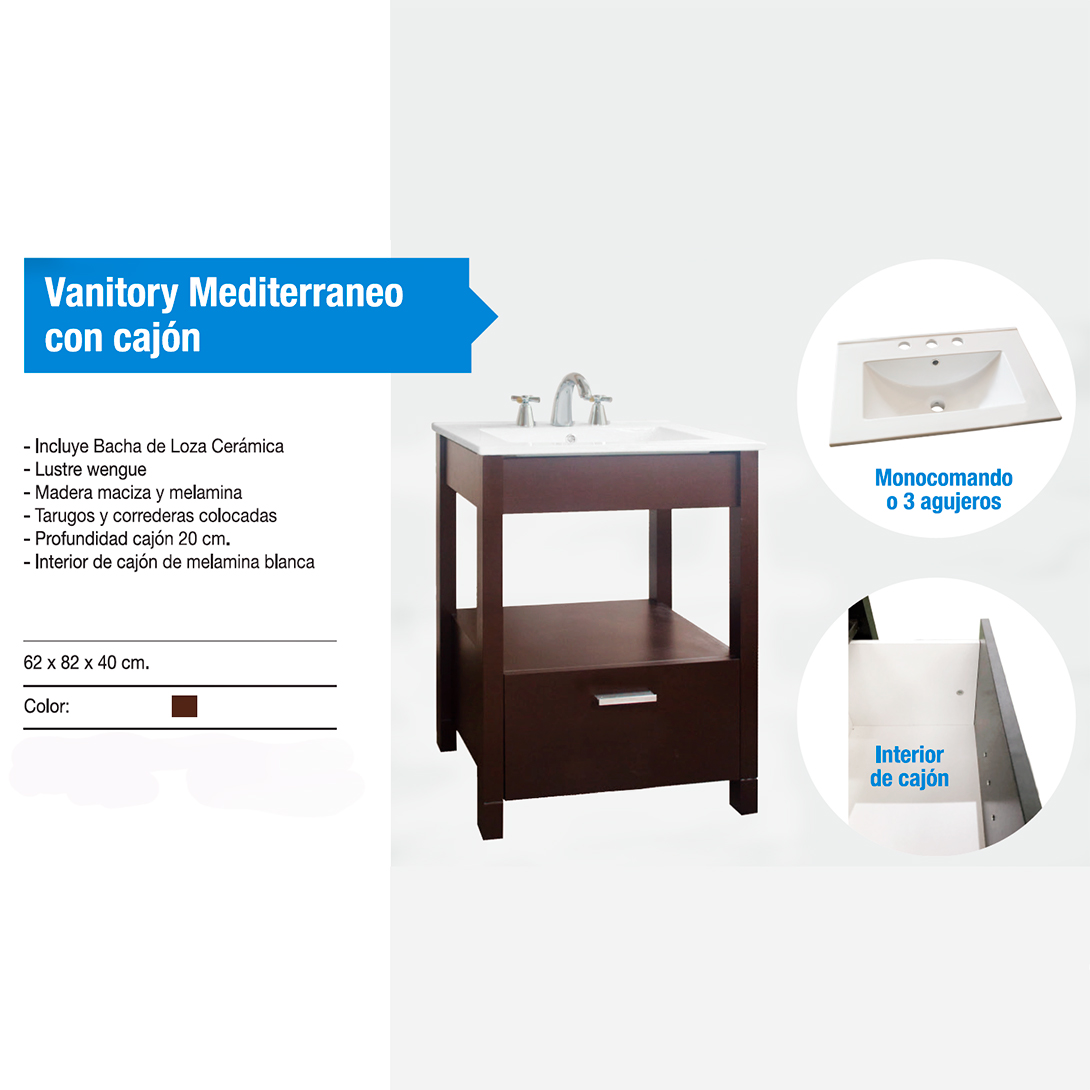 VANITORY WENGUE BACHA CERÁMICA AMUBE MEDITERRANEO 60cm - Imagen 3