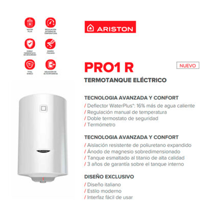 TERMOTANQUE ELECTRICO ARISTON PRO R 80 LITROS - Imagen 3