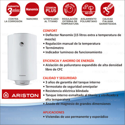 TERMOTANQUE ELECTRICO ARISTON PRO R 50 LITROS - Imagen 5