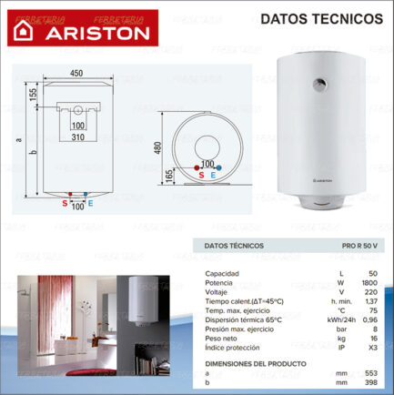 TERMOTANQUE ELECTRICO ARISTON PRO R 50 LITROS - Imagen 6