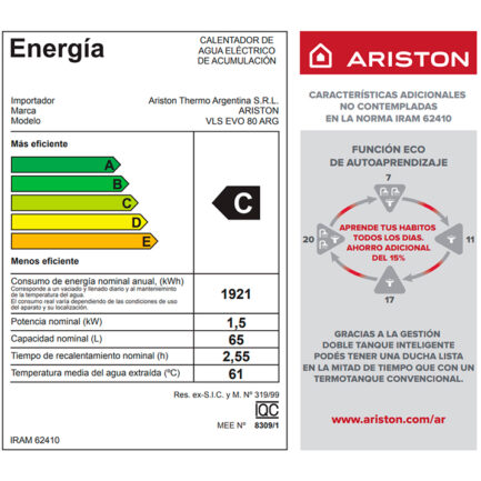 TERMOTANQUE ELECTRICO ARISTON VELIS EVO 80 LITROS - Imagen 3