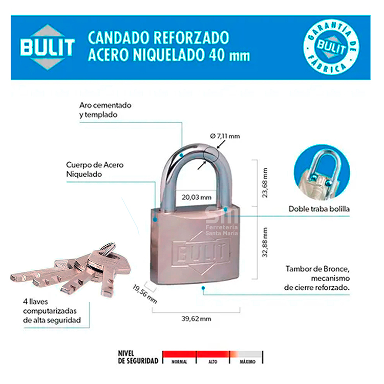 CANDADO NIQUELADO REFORZADO 40 BULIT DOBLE TRABA - Imagen 3
