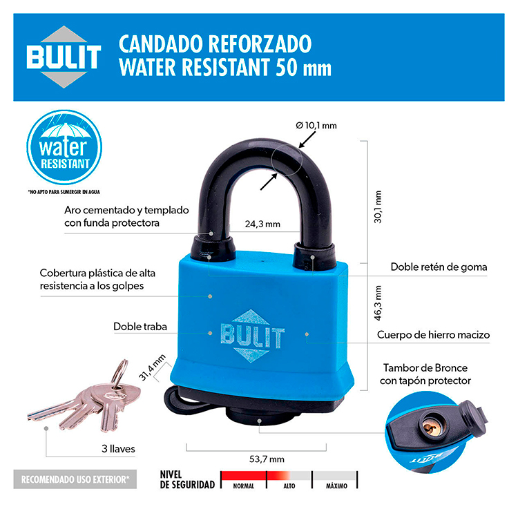 CANDADO DOBLE TRABA RESISTENTE AL AGUA INTEMPERIE 50 BULIT - Imagen 3