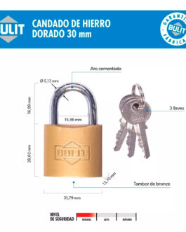 CANDADO HIERRO DORADO NRO 30 C/ 3 LLAVES BULIT