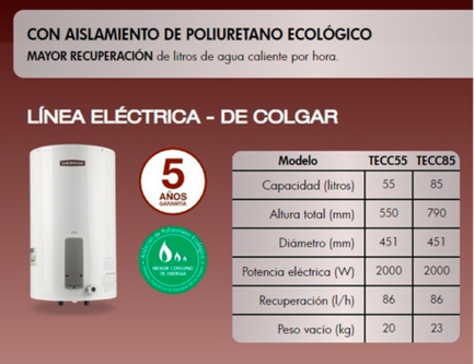 TERMOTANQUE ELÉCTRICO 55 LTS PIE CONEX SUPERIOR SHERMAN - RHEEM - Imagen 3