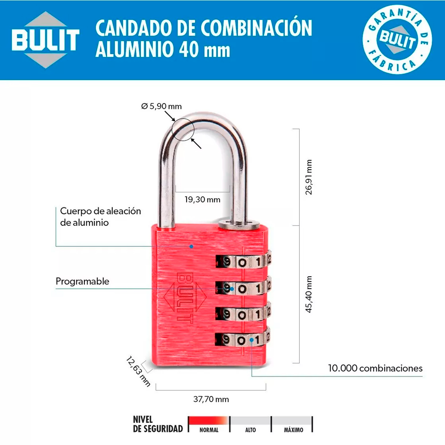 CANDADO COMBINACIÓN PROGRAMABLE ALUMINIO N° 40 BULIT - Imagen 3