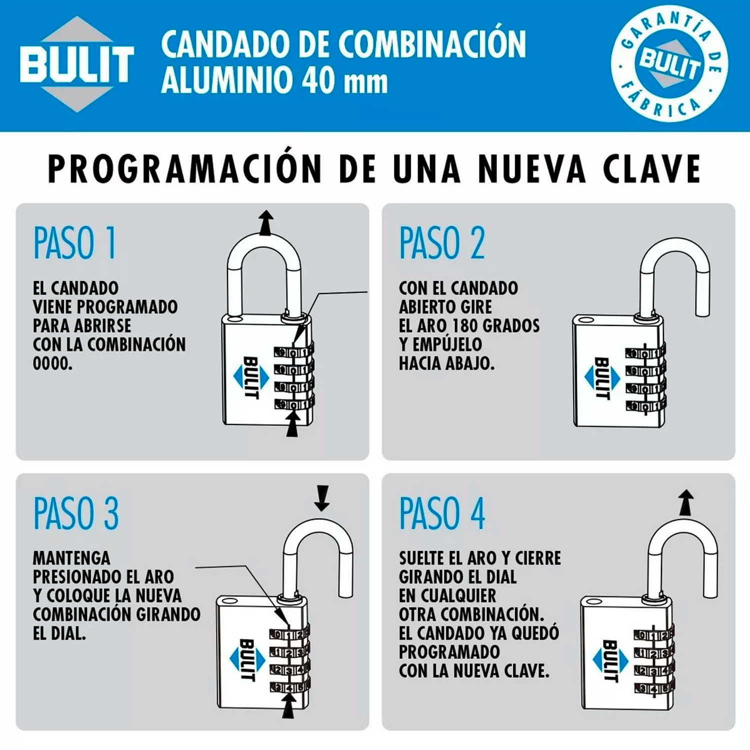 CANDADO COMBINACIÓN PROGRAMABLE ALUMINIO N° 40 BULIT - Imagen 4