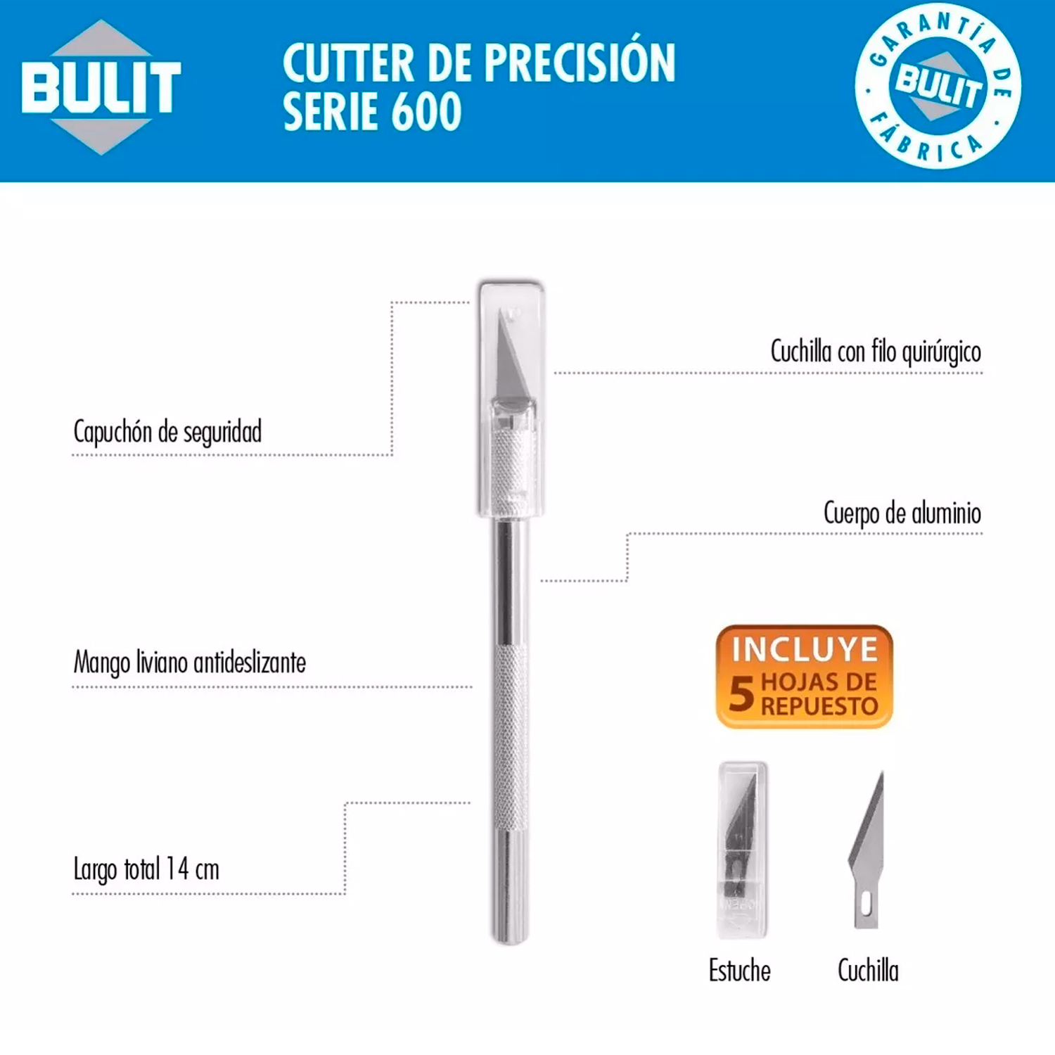 CUTTER DE PRECISIÓN C/ TAPA + 5 HOJAS REPUESTO BULIT S600 - Imagen 3