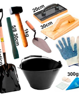 COMBO KIT ALBAÑIL MAZA CUCHARA BALDE PALA CORTAFIERRO FRATACHOS