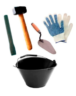 COMBO KIT ALBAÑIL MAZA CUCHARA BALDE CORTAFIERRO GUANTES