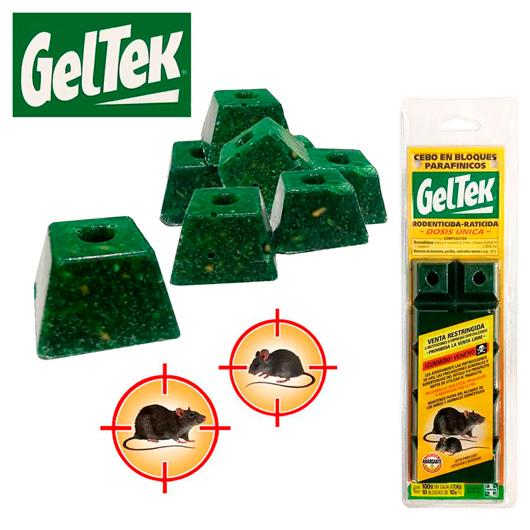 RATICIDA P/ LAUCHA RATA GELTEK BLOQUES X100G CEBO PARAFINADO - Imagen 2