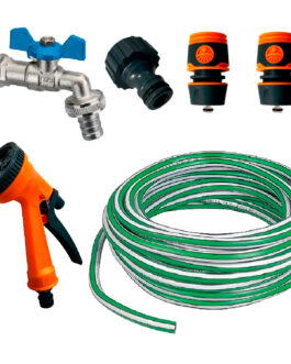 COMBO RIEGO MANGUERA 15M + PISTOLA 5 POS + ACOPLES + CANILLA