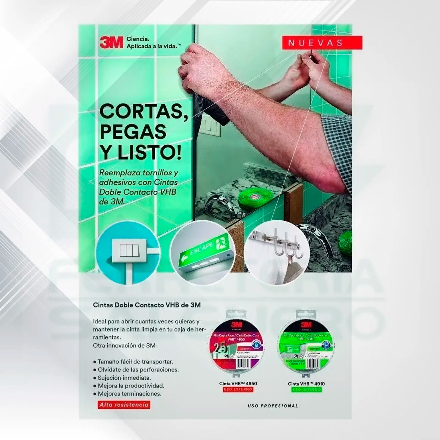 CINTA DOBLE FAZ EXTERIOR 3M VHB 4950 19MM X 5M TRANSPARENTE - Imagen 5